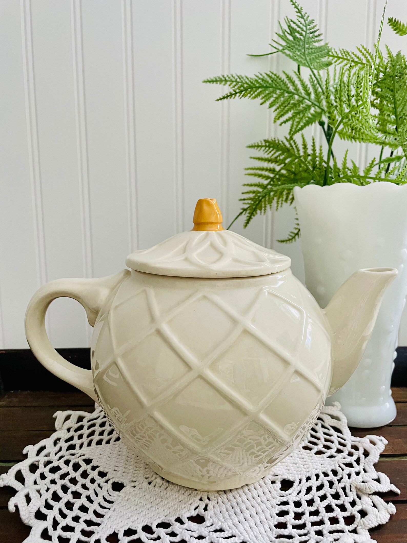 Vintage Yellow Rose Teapot American Bisque Pottery Lattice Etsy