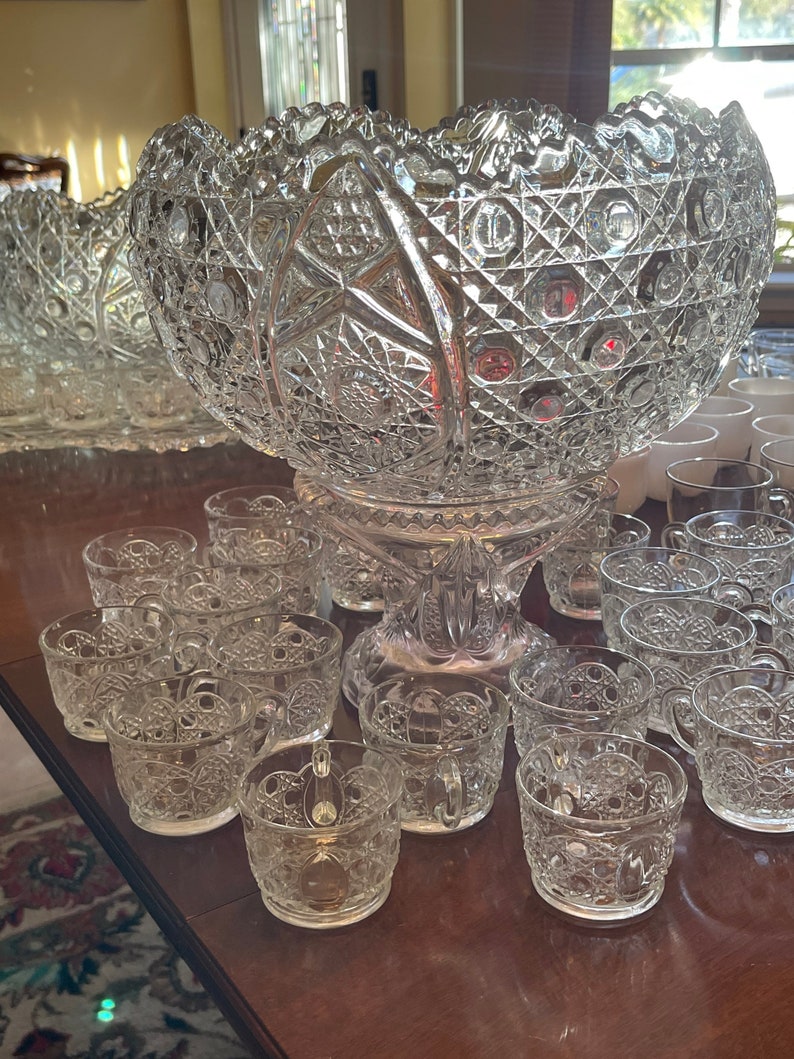 Vintage Crystal Punch Bowl Set 18 Matching Cups Pedestal Etsy