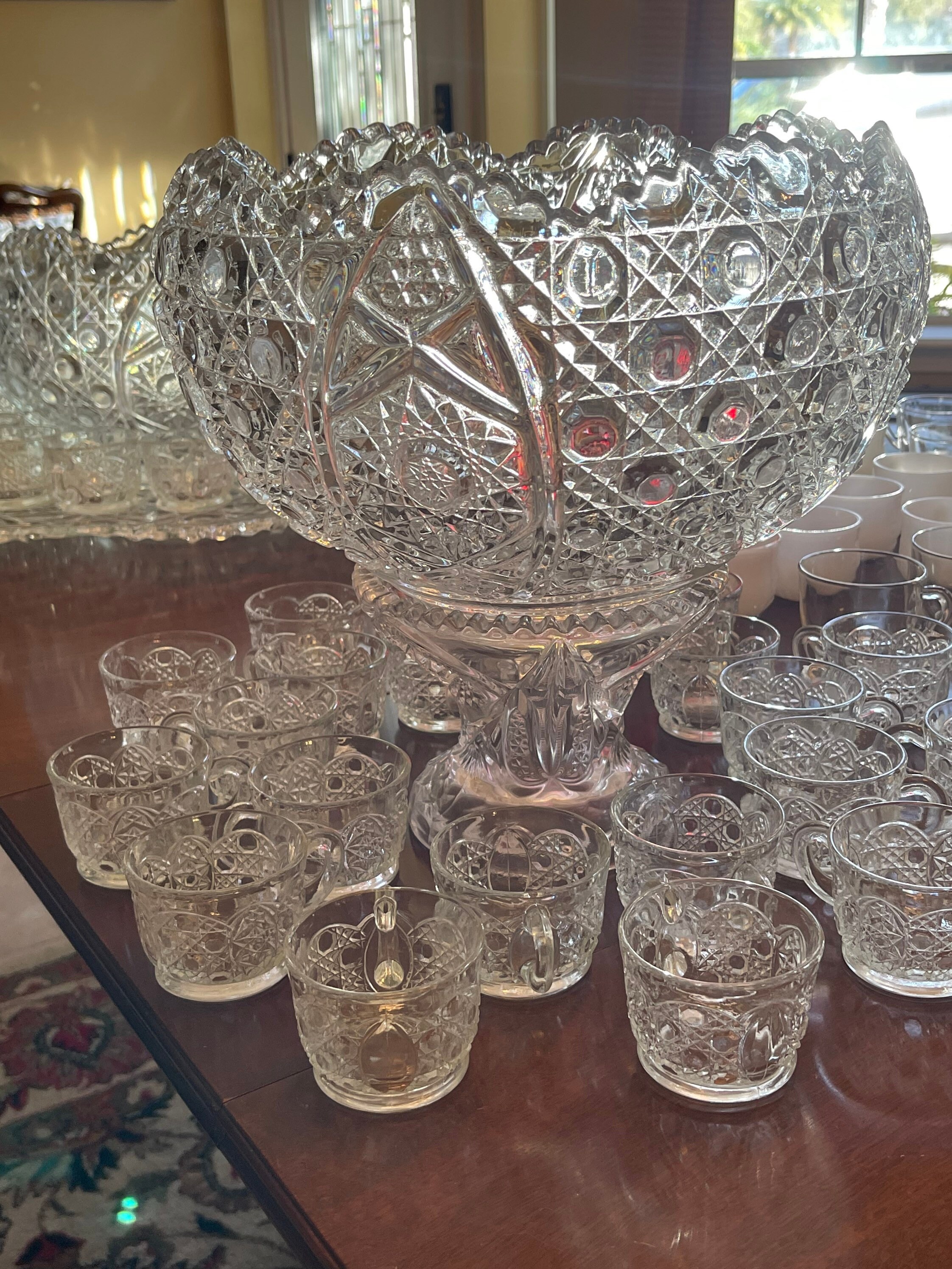 Vintage Crystal Punch Bowl Set 18 Matching Cups Pedestal Etsy