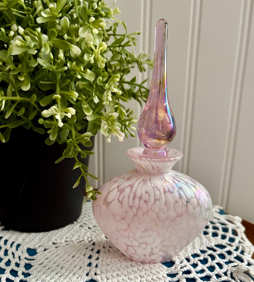 Vintage Pink Iridescent Blown Art Glass Bottle W/ Teardrop Stopper ...