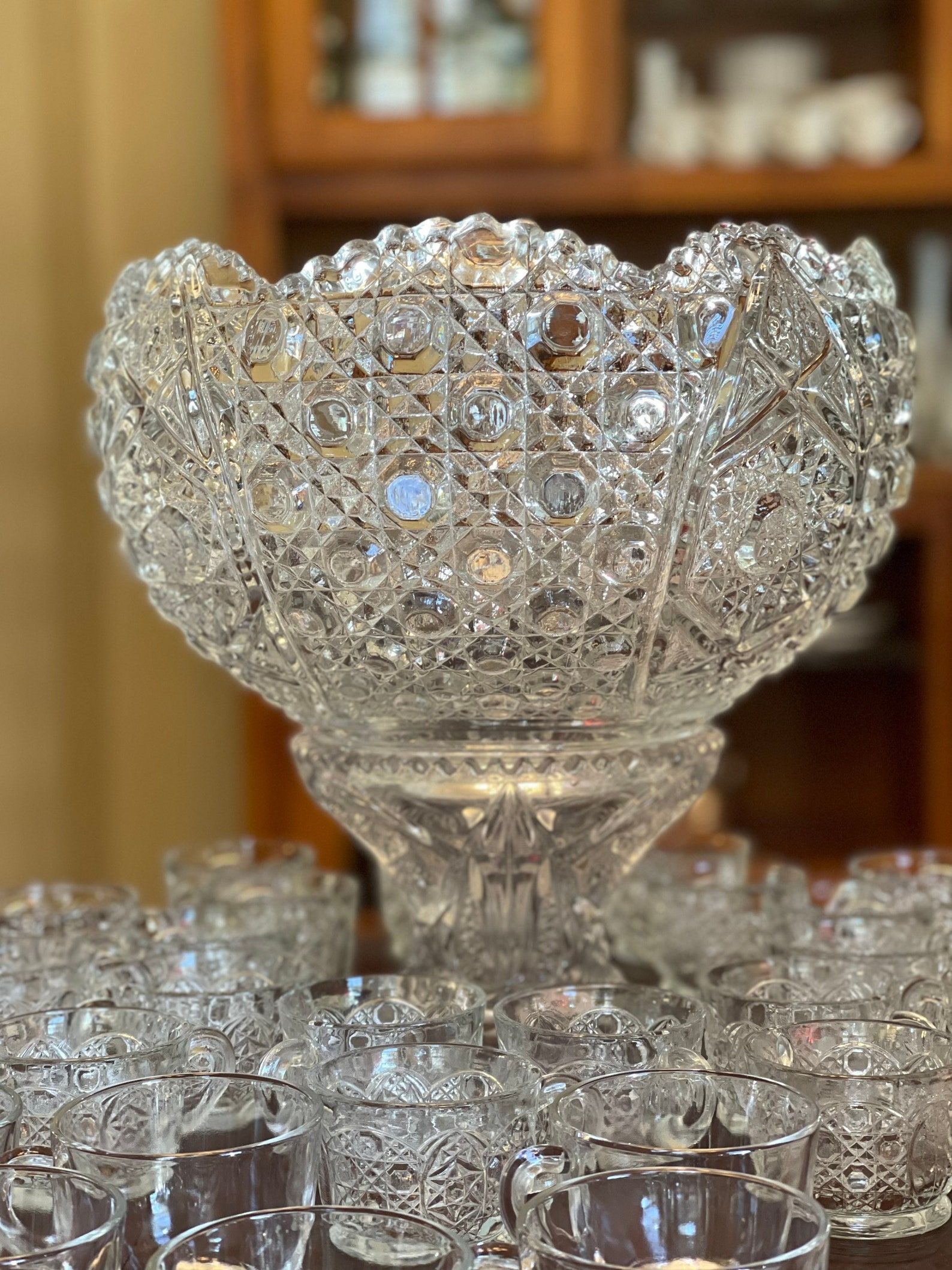 Vintage Crystal Punch Bowl Set 18 Matching Cups Pedestal Etsy