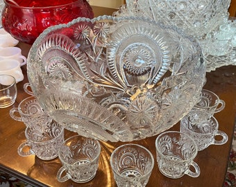 Vintage Smith Glass Punch Bowl Set: Pinwheel & Stars, 15 Flared Cups