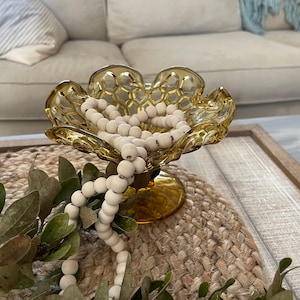 Vintage Amber Glass Compote – Honeycomb Ruffle Edge Footed Bowl – Ashtray Fruit Dish Vase – Retro Yellow Home Decor