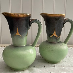Vintage Japanese Pottery Pitcher Vases: Teal Green & Navy with Gold Trim, Set of 2