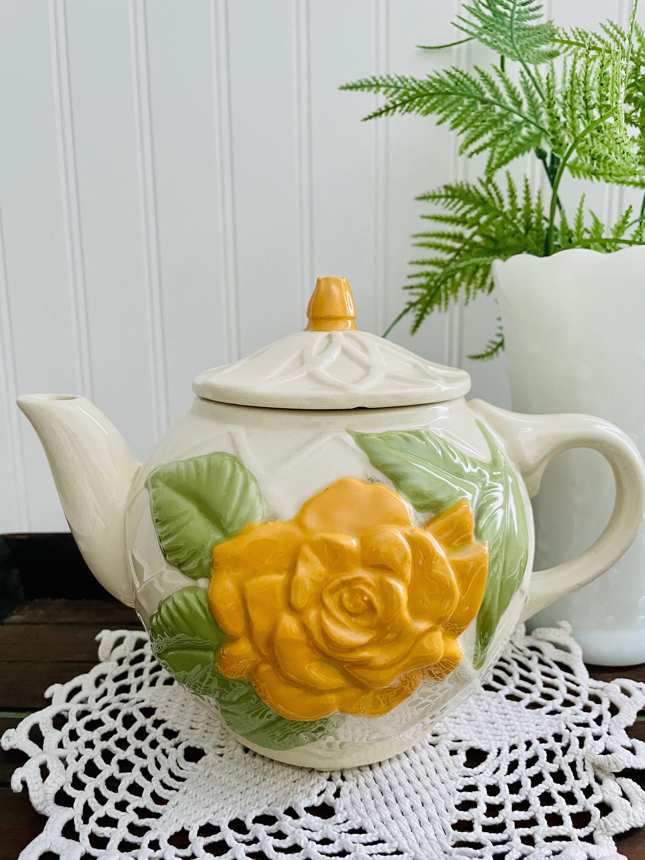 Vintage Yellow Rose Teapot American Bisque Pottery Lattice Etsy