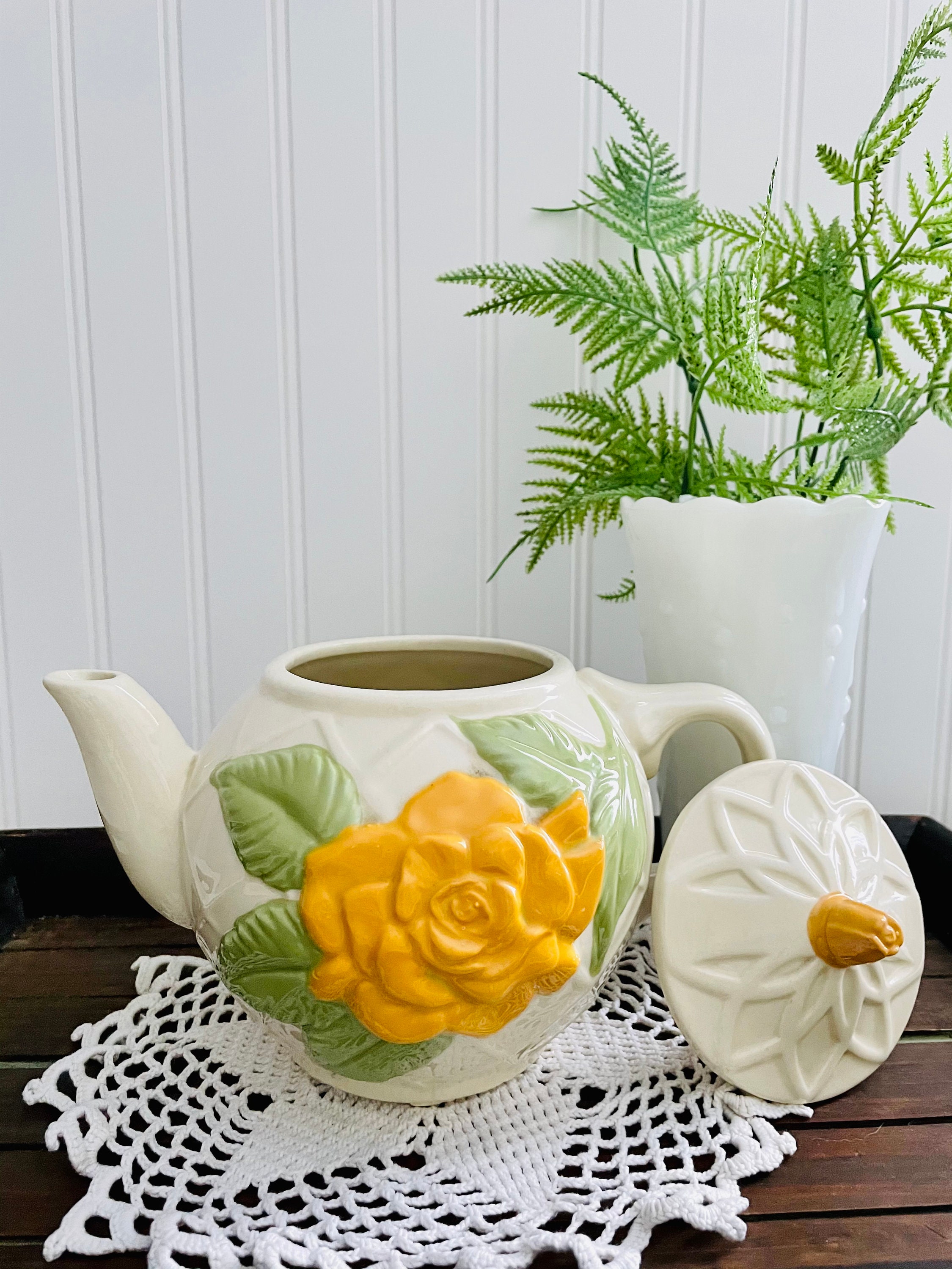 Vintage Yellow Rose Teapot American Bisque Pottery Lattice Etsy