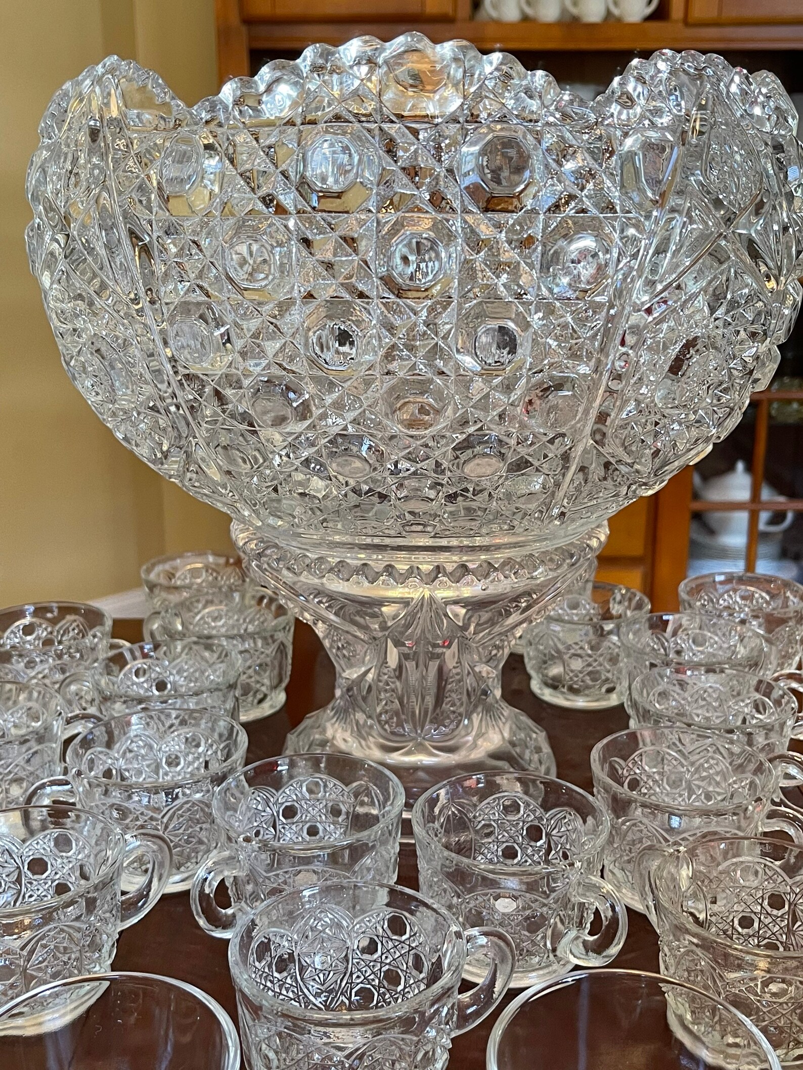 Vintage Crystal Punch Bowl Set 18 Matching Cups Pedestal Etsy