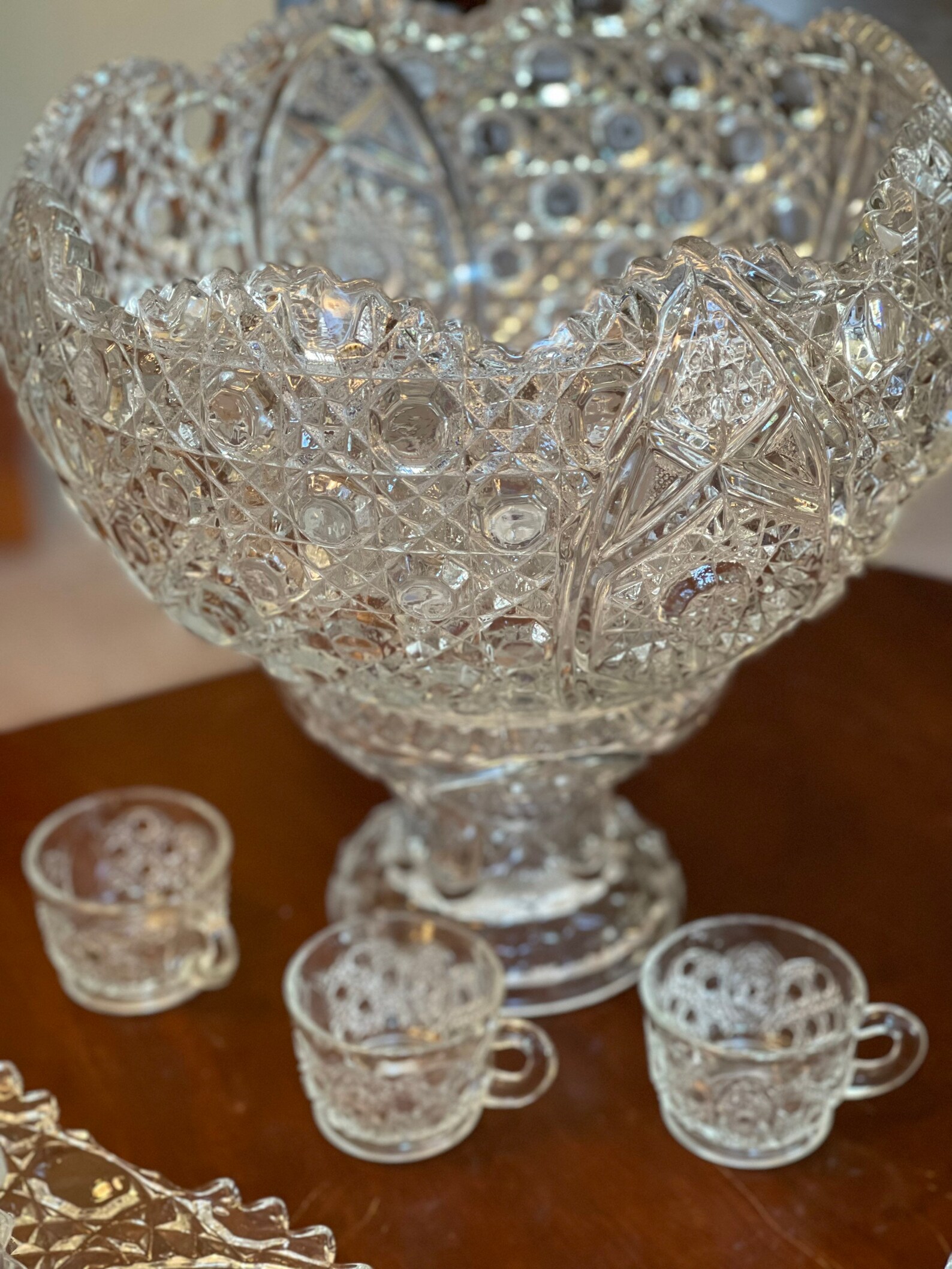 Vintage Crystal Punch Bowl Set 18 Matching Cups Pedestal Etsy