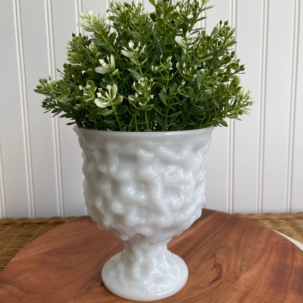 Textured Crinkle Milk Glass Pedestal Planter. Footed compote could be a vase or planter. Cottage Chic Farmhouse Style.