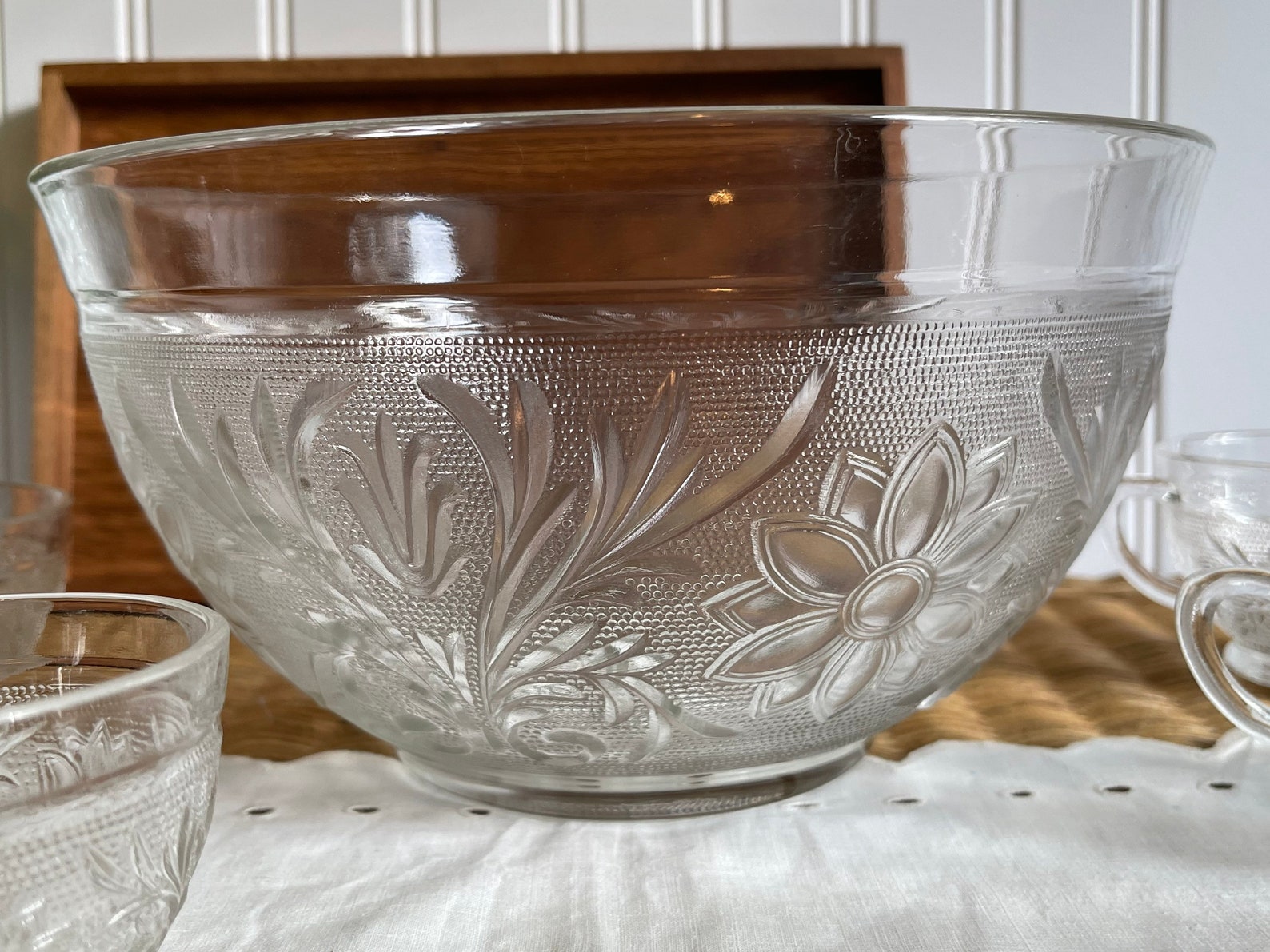 Vintage Anchor Hocking Sandwich Glass Clear Punch Bowl Set Etsy