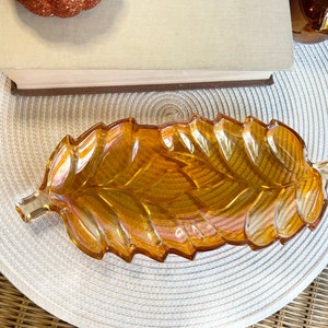 Vintage Indiana Glass Marigold Leaf Tray, Iridescent Amber Serving Dish