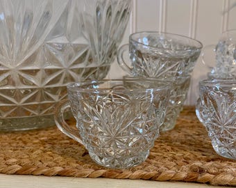 Vintage Anchor Hocking Punch Bowl Set: Diamond Fan Pattern, 12
