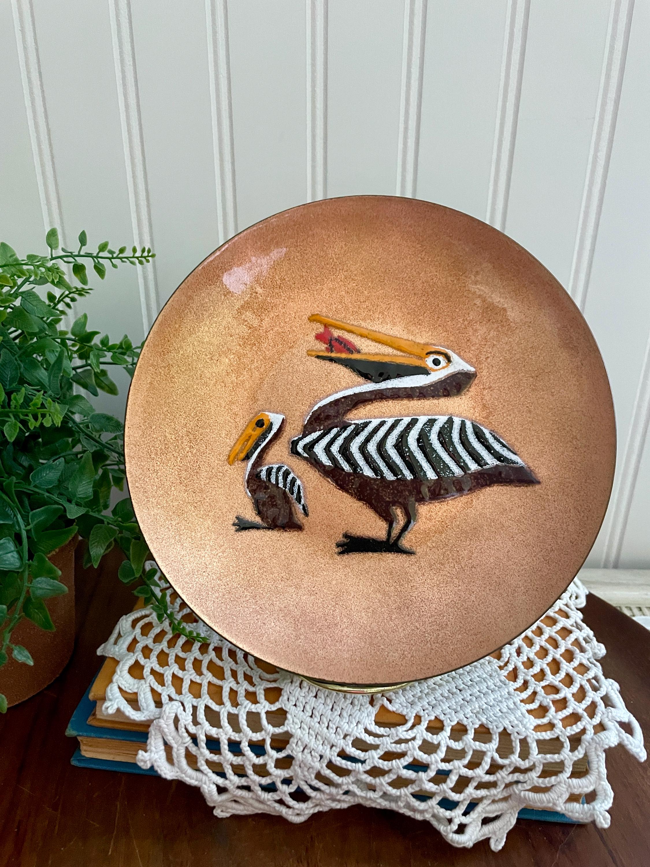 Vintage Annemarie Davidson Copper Enamel Plate: Modernist Bird