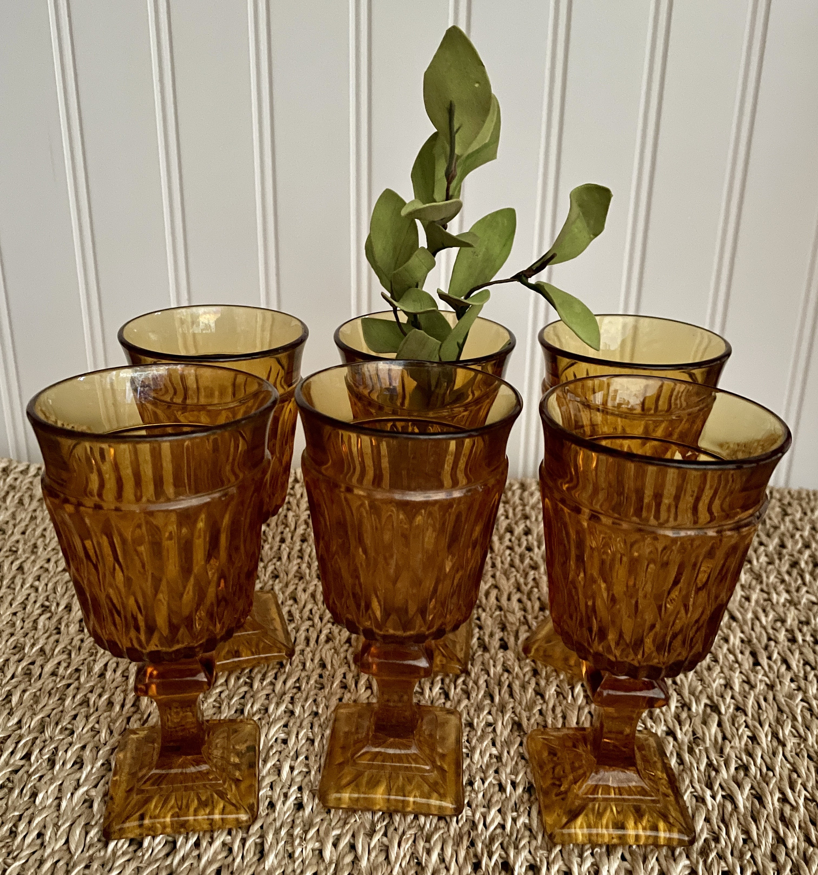Vintage Amber Wine Glasses - Indiana Glass Mt. Vernon - Set of 7, image size:2803x3000