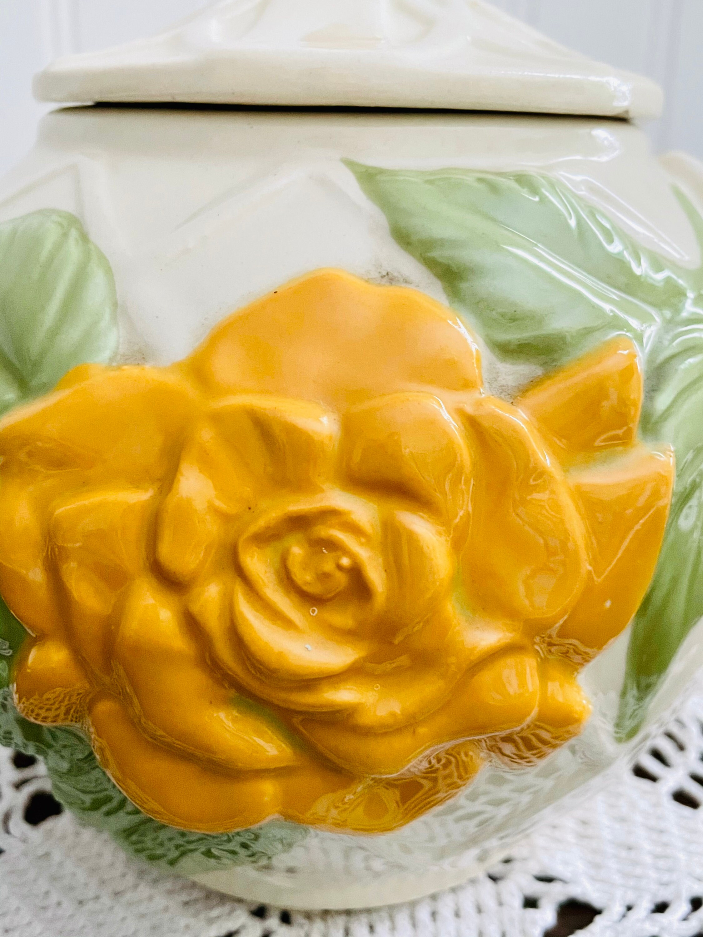 Vintage Yellow Rose Teapot American Bisque Pottery Lattice Etsy