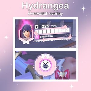 May include: A pink and purple Overwatch overlay featuring the text "Hydrangea" and "Overwatch overlay". The design includes a character portrait, health bar, and a decorative charm with a black wolf icon.