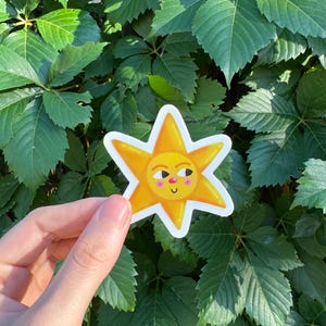 May include: A die-cut sticker shaped like a six-pointed star with a yellow gradient finish. The star features a cartoon face with dark eyes looking to the side, a small pink nose, rosy cheeks, and a simple curved line for a mouth.