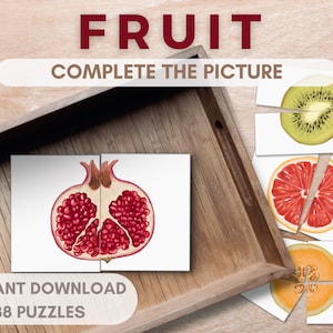 Cartes de puzzle assorties de tranches de fruits, activité pour tout-petits inspirée de Montessori, complétez l'image éducative à la maison imprimable