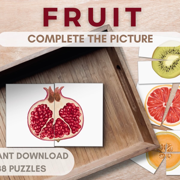 Fruit Slices Matching Puzzle Cards, Montessori inspired toddler activity, complete the picture homeschool educational printable