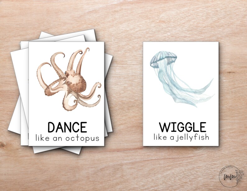 May include: Two printable cards with watercolor illustrations of an octopus and a jellyfish. The octopus card says "DANCE like an octopus" and the jellyfish card says "WIGGLE like a jellyfish".