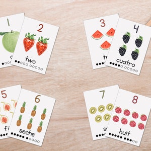 Tarjetas numéricas de frutas acuarela Montessori flash contando material educativo educación en el hogar imprimible aprendizaje de frutas realista PDF 123