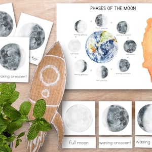 Fases lunares Tarjetas didácticas de 3 partes, Tarjetas de nomenclatura Montessori de 3 partes, Estudio de educación en el hogar de fases lunares, Fases lunares Montessori, Póster de la luna