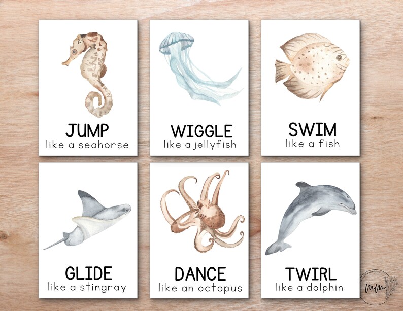 May include: Six illustrated cards with watercolor images of sea creatures and action verbs. The cards feature a seahorse, jellyfish, fish, stingray, octopus, and dolphin. Each card has a verb and a phrase describing how the animal moves, such as "Jump like a seahorse" and "Swim like a fish."