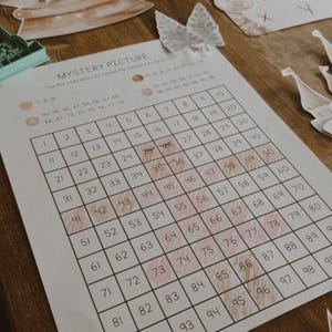 Peut inclure: Une table en bois pr&eacute;sente une feuille de travail de dessin myst&egrave;re avec une grille num&eacute;rot&eacute;e, ainsi que des d&eacute;coupes d&eacute;coratives et des fournitures d'artisanat. La feuille de travail contient le texte "MYSTERY PICTURE". Le sch&eacute;ma de couleurs est doux, avec des accents pastel.