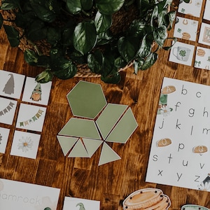 May include: A set of printable St. Patrick's Day themed educational materials. The set includes alphabet cards, a shamrock shape puzzle, a gnome card, and a set of cards with various St. Patrick's Day symbols.