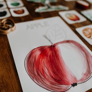 Op de afbeelding: Een witte kaart met het woord "APPLE" in het zwart bovenaan. Een rode appel met een zwarte steel en blad is op de kaart getekend.