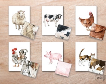 Bijpassende kaarten voor boerderijdieren, Flashcards voor boerderijdieren, Montessori-boerderijeenheid, natuurstudiekaarten, dierenpatronen, thuisschoolactiviteit