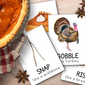 Thanksgiving Movement Cards, Thanksgiving Flash Cards, Calming Corner Activity, Kids Fall Mocememt, Thanksgiving cards Toddler Activity