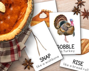 Thanksgiving Movement Cards, Thanksgiving Flash Cards, Calming Corner Activity, Kids Fall Mocememt, Thanksgiving cards Toddler Activity
