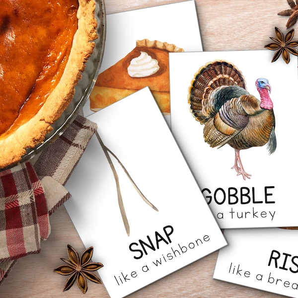 Thanksgiving Movement Cards, Thanksgiving Flash Cards, Calming Corner Activity, Kids Fall Mocememt, Thanksgiving cards Toddler Activity