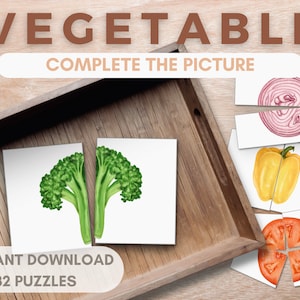 Cartões de quebra-cabeça combinando com fatias de vegetais, atividade infantil inspirada em Montessori, complete a imagem educacional em casa para impressão