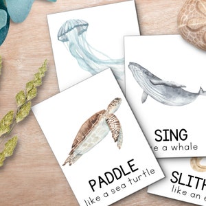 Dierenbewegingskaarten, oceaandierenkaarten, kalmeer activiteit, kinderbeweging, Montessori Flashcards, fitness voor kinderen, homeschool afdrukbaar
