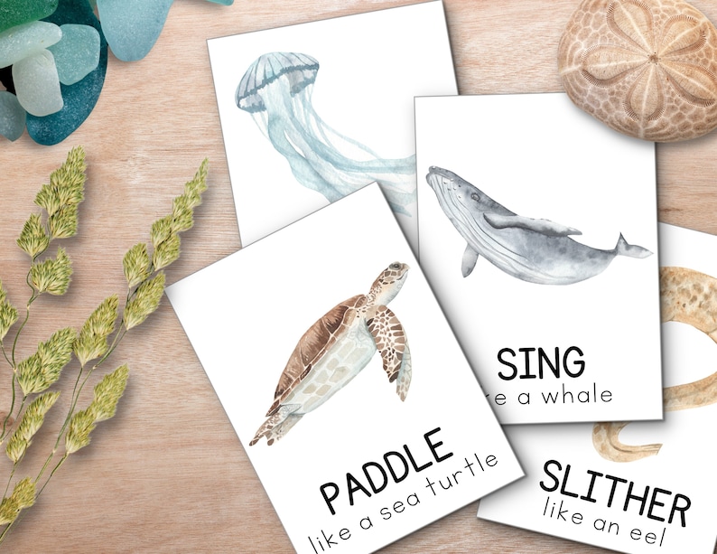 May include: Four watercolor illustrations of sea creatures with text describing their movement. A blue jellyfish, a gray whale, a brown sea turtle, and a brown eel.