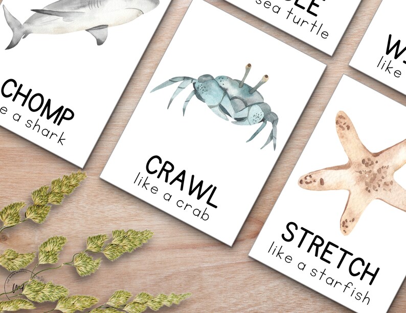 May include: Four white cards with black text and watercolor illustrations of a shark, crab, starfish, and sea turtle. The cards instruct the viewer to "chomp like a shark", "crawl like a crab", "stretch like a starfish", and "waddle like a sea turtle".