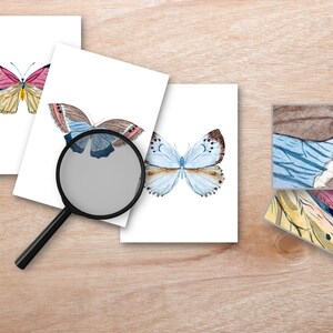 May include: Three printable art prints featuring watercolor illustrations of butterflies. The butterflies are in shades of pink, blue, and brown. The prints are on white paper and are ready to be framed.