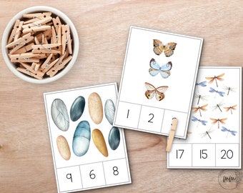 Nature Count and Clip Cards 1-20, Number Matching Cards, Counting Number Cards, Montessori Numbers, Flashcards Count to 20, Summer Numbers