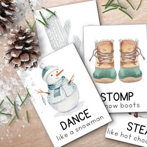 Cartões de movimento de inverno, cartões flash de inverno, atividades calmantes de canto, cartões de fitness de movimento infantil, cartões de ação infantil, atividades internas de inverno