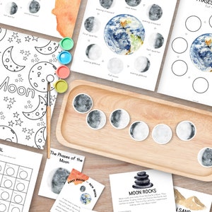 Moon Phases Study Unit, Space study unit, Homeschool space unit, moon flashcards, Montessori moon unit, preschool activities, 3 part cards