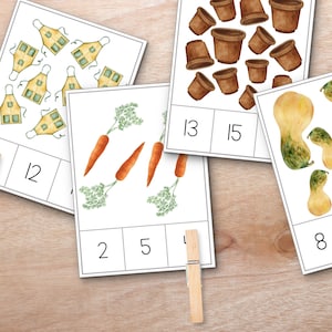 Carte di conteggio e clip a tema giardino, giardinaggio Montessori, carte flash numeri 1-20, studio della natura, lezione di matematica homeschool, carte corrispondenti