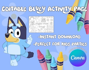 Bluey BEWERKBARE verjaardagsactiviteit + kleurmat