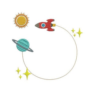 May include: A red rocket with a blue window flies around a circle with a yellow sun, a blue planet with rings, and yellow stars.