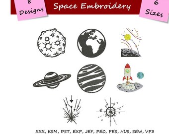 Space Embroidery - Earth Embroidery - Planets, Roket, Moon Embroidery - 8 Designs - 6 Sizes - DIGITAL DOWNLOAD, Galaxy Machine Embroidery