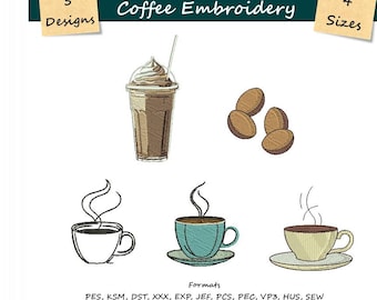 Coffee cup embroidery - Kitchen decor design - Cold Coffee Design - 4 Sızes - 5 Designs - Coffee Bean - Digital download - Embroidery File