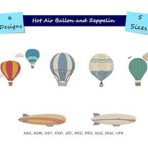 Puede incluir: Seis diseños de bordado de globos aerostáticos y zepelines en cinco tamaños. Los diseños incluyen un globo aerostático rojo, azul y verde, y un zepelín beige. Los formatos de archivo son XXX, KSM, DST, EXP, JEF, PEC, PES, HUS, SEW y VP3.