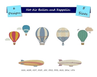 Hot air balloons embroidery design - Balloons embroidery - 6 Designs - 5 Sizes - Zeppelin embroidery - Machine embroidery file