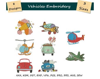 Vehicles Embroidery, Car Design, 3 Sizes, 8 Designs, Instant Download, Helicopter Embroidery, Jet Design, Plane Pattern, Embroidery File